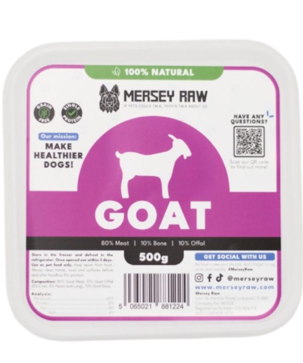 Purple and white bag of goat dog food, 500g.