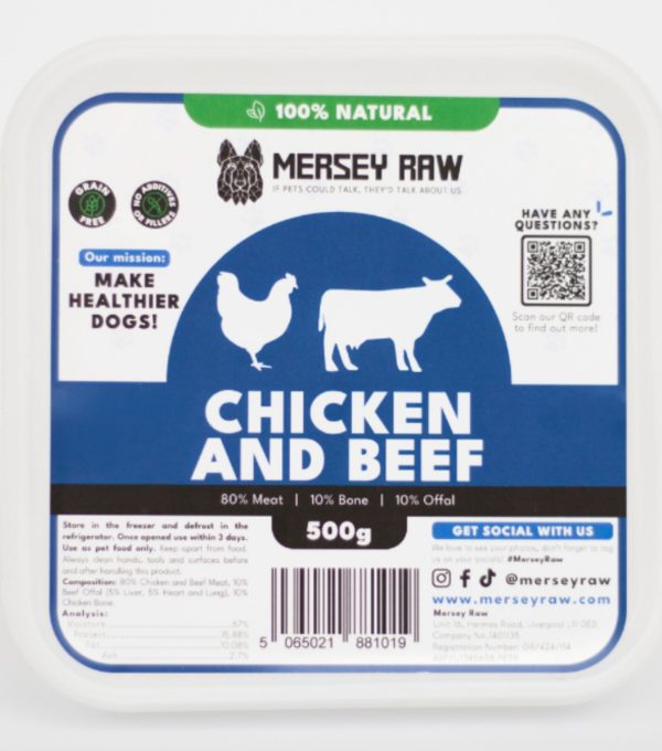 Mersey Raw Pork & Lamb Dog Food, 80% Meat with QR Code.