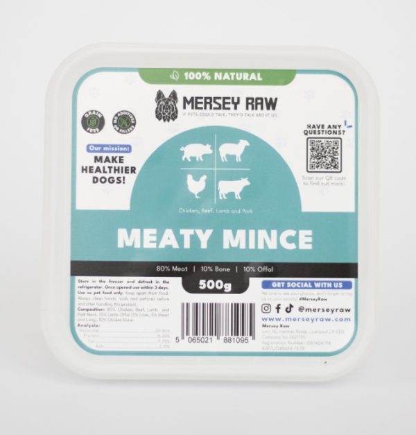 Dog food - Mersey Raw 500g Meaty Mince packaging.