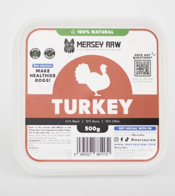 Mersey Raw 500g Pork & Lamb Dog Food, Natural Label.
