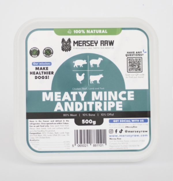 Mersey Raw Meaty Mince & Tripe Dog Food, 500g Pack.