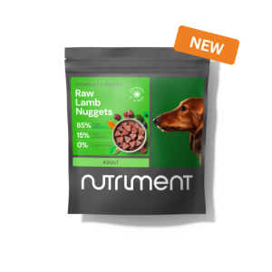 Nutriment Raw Lamb Nuggets 1kg package with dog image.