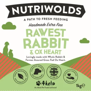The image likely depicts a package of Nutriwolds - Rawest Rabbit 500g dog food. As an SEO specialist, I recommend the following alt text:Nutriwolds Rawest Rabbit Dog Food 500g Package.