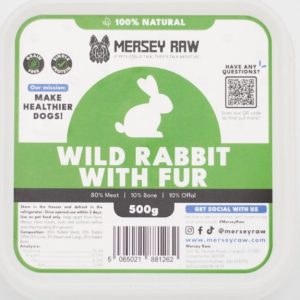 The Mersey Raw 500g dog food packaging with rabbit and oily fish offers key info with QR code. It ensures a balanced mix for dogs.Here is the alt text: Mersey Raw Dog Food Rabbit & Fish, 500g Packaging.