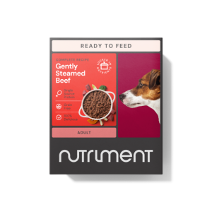 Nutriment Beef Dog Food Box with Beef and Dog Image.